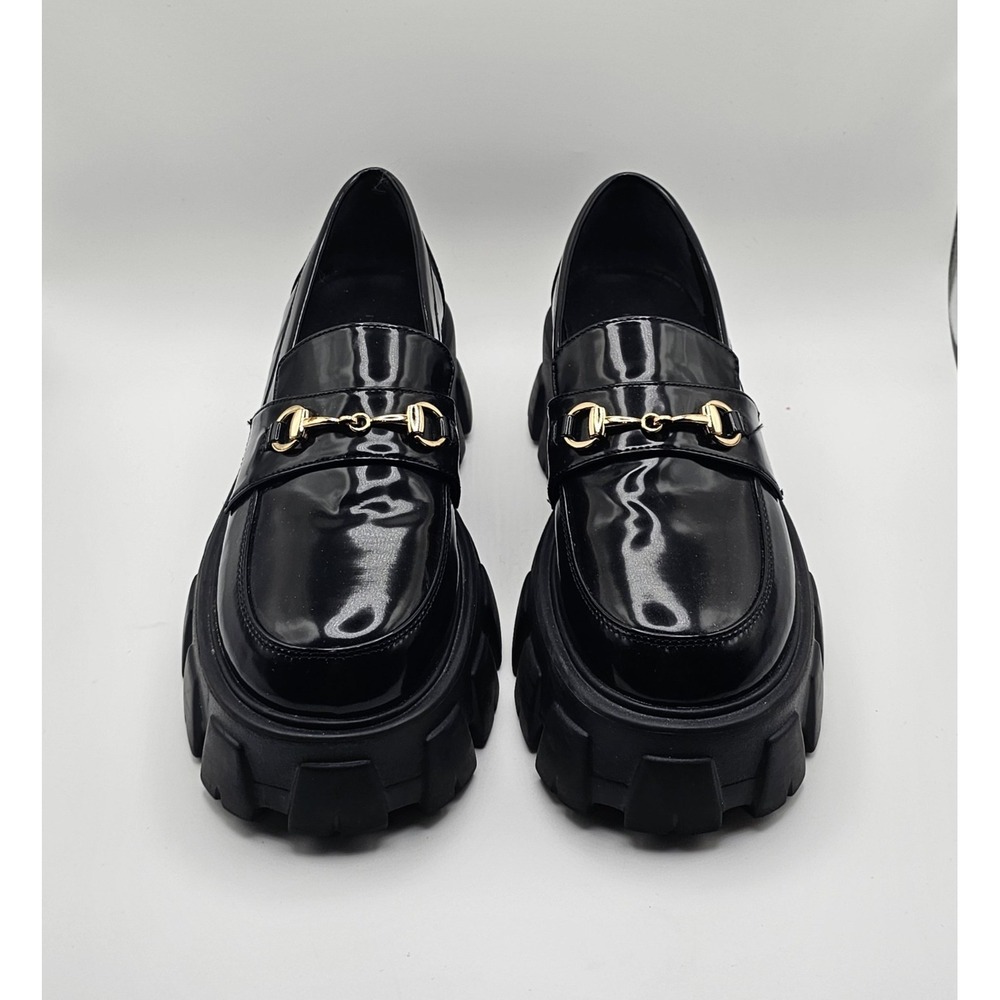 Princess Polly Black Chunky Lug Sole Loafers Platform Shoes Size 9 Horsebit